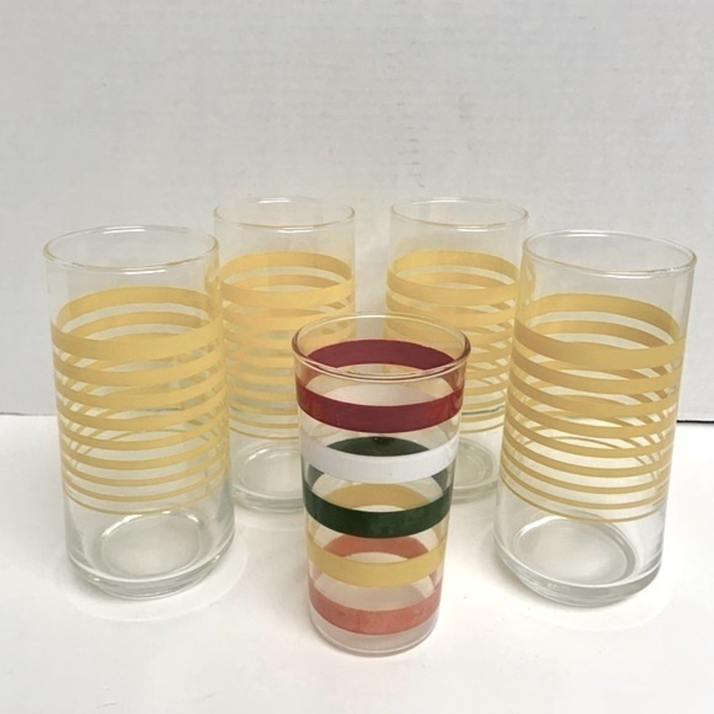 🌺VINTAGE RETRO DINING SET OF 4 YELLOW STRIPED DRINKING GLASSES + 1 MULTI/STIPES